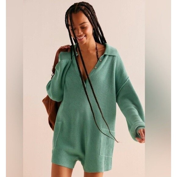 Free People FP Beach Picnic Sweater Romper Wasabi Green Medium Cotton Linen Rib - Picture 1 of 9